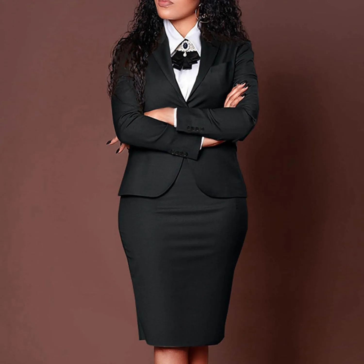 Women's 2 Piece Suit Skirt Set Business Casual Long Sleeve Lapel Neck Blazer and High Waisted Midi Pencil Skirt Business Suit