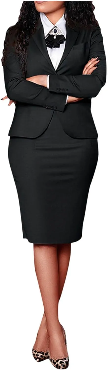 Women's 2 Piece Suit Skirt Set Business Casual Long Sleeve Lapel Neck Blazer and High Waisted Midi Pencil Skirt Business Suit