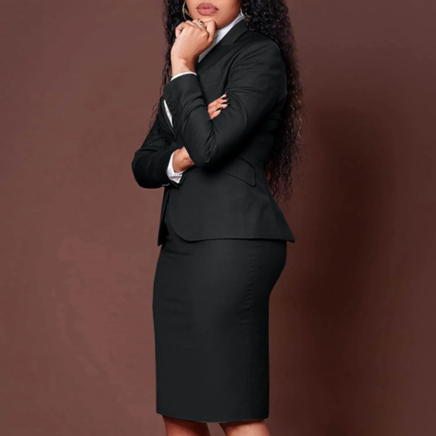 Women's 2 Piece Suit Skirt Set Business Casual Long Sleeve Lapel Neck Blazer and High Waisted Midi Pencil Skirt Business Suit