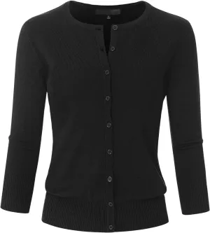 Women's 3/4 Sleeve Crew Neck Button Down Stretch Knit Cardigan Sweater (S-3XL)
