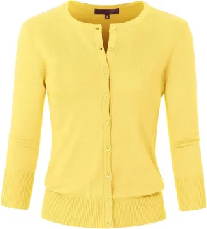 Women's 3/4 Sleeve Crew Neck Button Down Stretch Knit Cardigan Sweater (S-3XL)