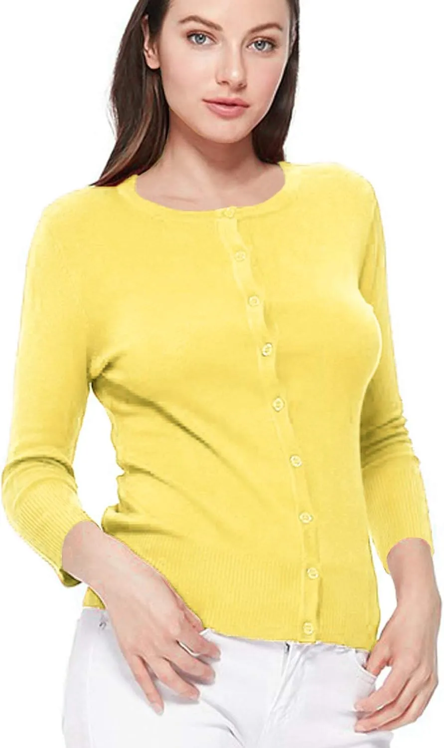 Women's 3/4 Sleeve Crew Neck Button Down Stretch Knit Cardigan Sweater (S-3XL)