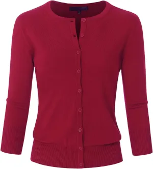 Women's 3/4 Sleeve Crew Neck Button Down Stretch Knit Cardigan Sweater (S-3XL)