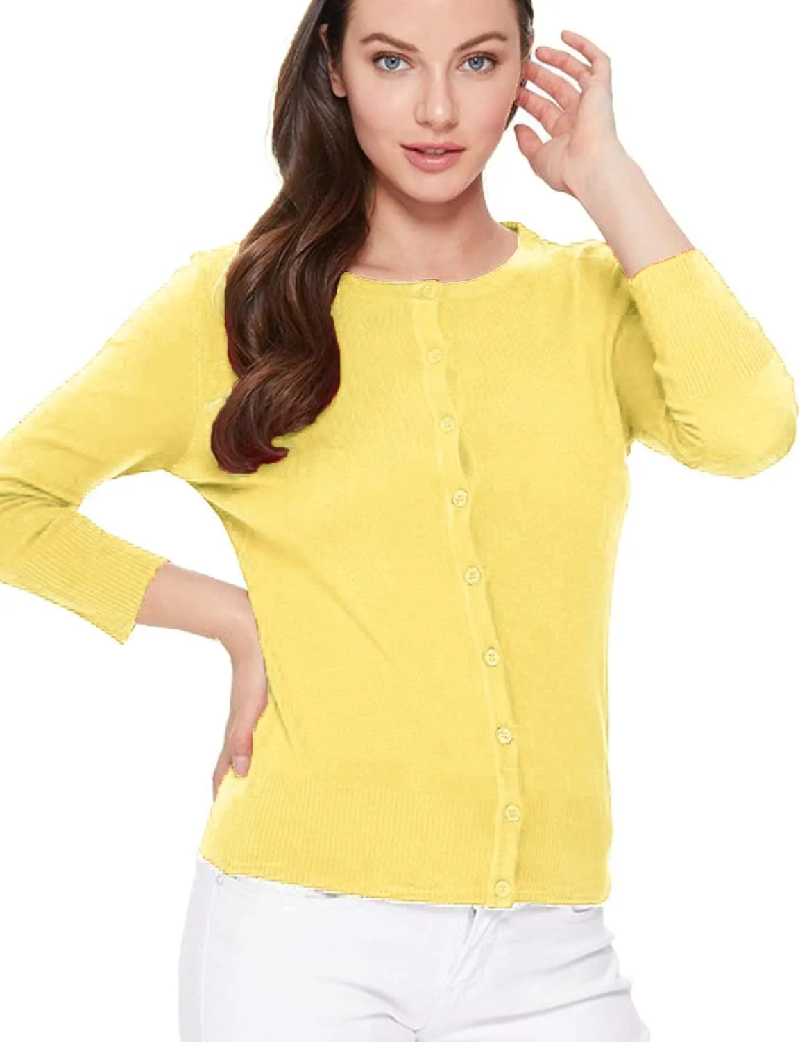 Women's 3/4 Sleeve Crew Neck Button Down Stretch Knit Cardigan Sweater (S-3XL)