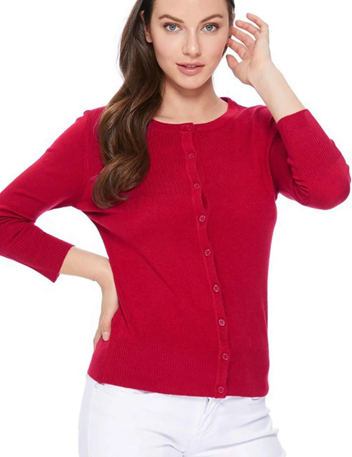 Women's 3/4 Sleeve Crew Neck Button Down Stretch Knit Cardigan Sweater (S-3XL)