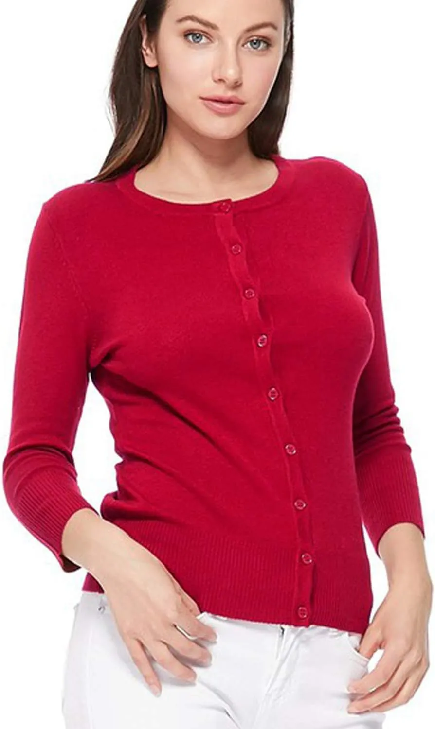 Women's 3/4 Sleeve Crew Neck Button Down Stretch Knit Cardigan Sweater (S-3XL)