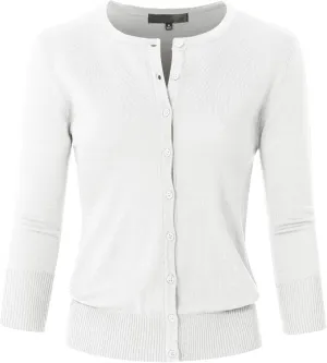 Women's 3/4 Sleeve Crew Neck Button Down Stretch Knit Cardigan Sweater (S-3XL)