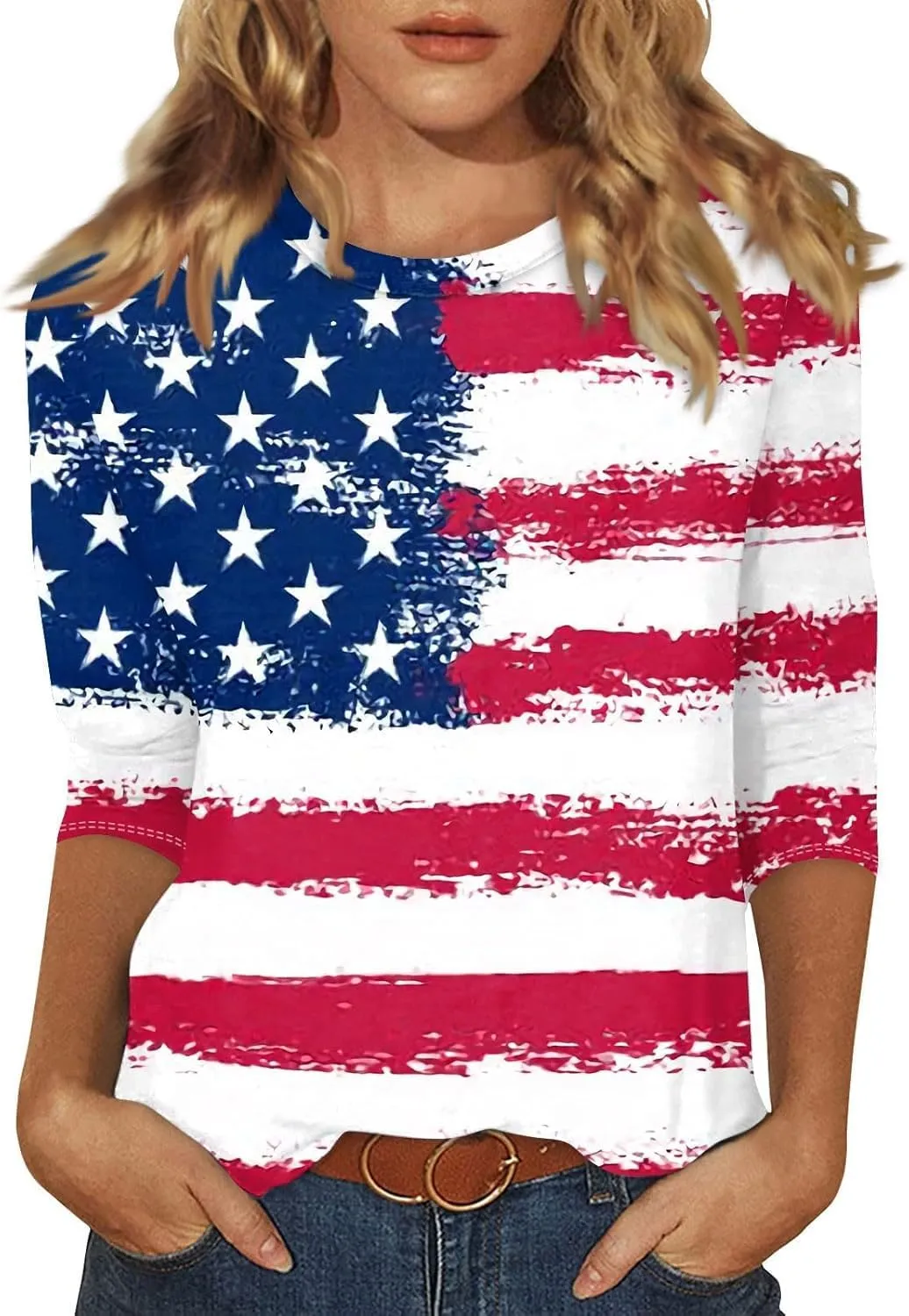 Womens 3/4 Sleeve Shirts Crewneck Dressy Casual Tops Printed Lightweight Loose Fit Cute T Shirts