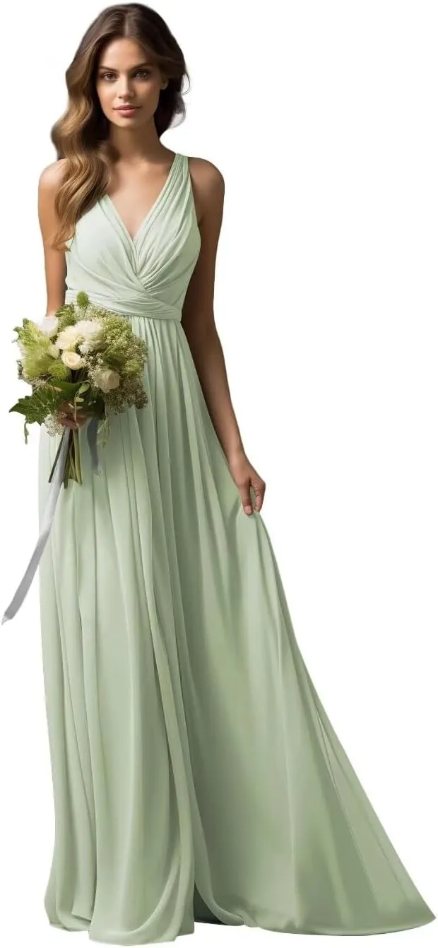 Womens A Line V Neck Pleated Bridesmaid Dress, Prom Gown Sleeveless Chiffon Long Formal Evening Party Gown