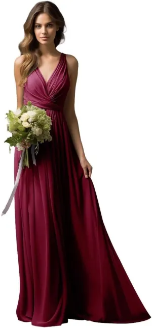 Womens A Line V Neck Pleated Bridesmaid Dress, Prom Gown Sleeveless Chiffon Long Formal Evening Party Gown