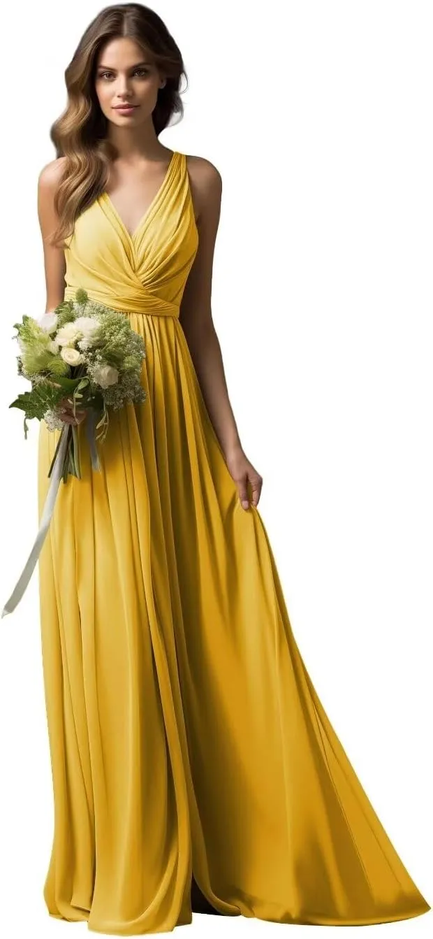 Womens A Line V Neck Pleated Bridesmaid Dress, Prom Gown Sleeveless Chiffon Long Formal Evening Party Gown