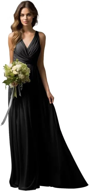 Womens A Line V Neck Pleated Bridesmaid Dress, Prom Gown Sleeveless Chiffon Long Formal Evening Party Gown