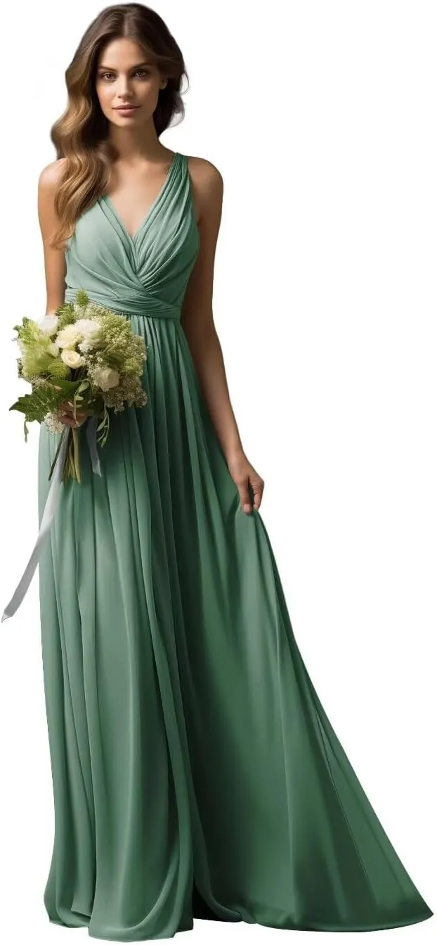 Womens A Line V Neck Pleated Bridesmaid Dress, Prom Gown Sleeveless Chiffon Long Formal Evening Party Gown