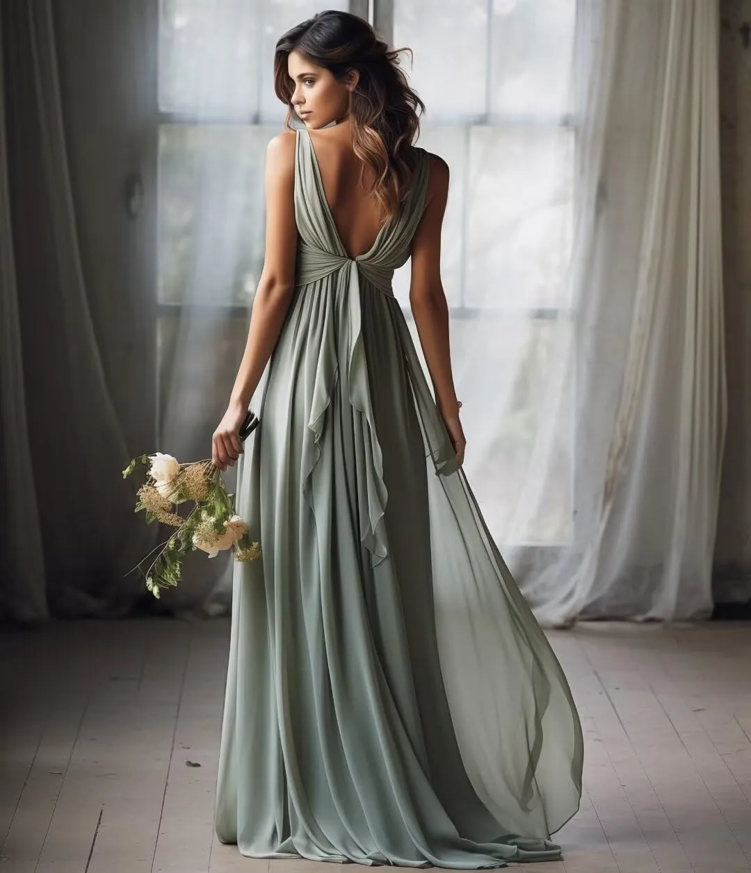 Womens A Line V Neck Pleated Bridesmaid Dress, Prom Gown Sleeveless Chiffon Long Formal Evening Party Gown