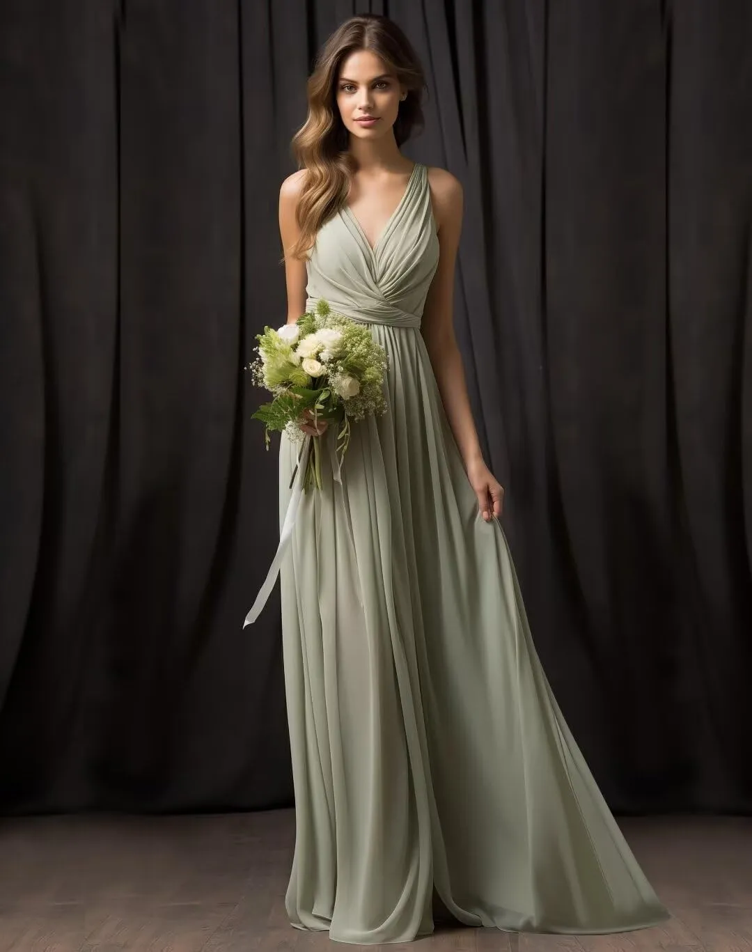 Womens A Line V Neck Pleated Bridesmaid Dress, Prom Gown Sleeveless Chiffon Long Formal Evening Party Gown