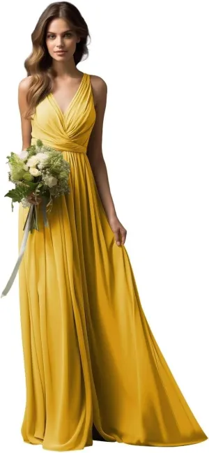 Womens A Line V Neck Pleated Bridesmaid Dress, Prom Gown Sleeveless Chiffon Long Formal Evening Party Gown