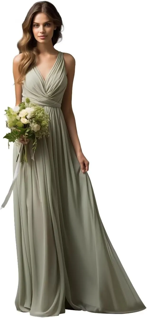 Womens A Line V Neck Pleated Bridesmaid Dress, Prom Gown Sleeveless Chiffon Long Formal Evening Party Gown