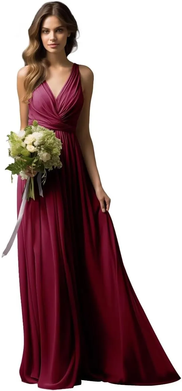 Womens A Line V Neck Pleated Bridesmaid Dress, Prom Gown Sleeveless Chiffon Long Formal Evening Party Gown