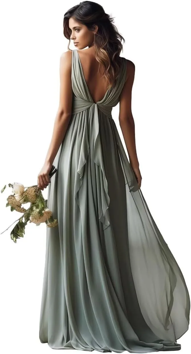 Womens A Line V Neck Pleated Bridesmaid Dress, Prom Gown Sleeveless Chiffon Long Formal Evening Party Gown