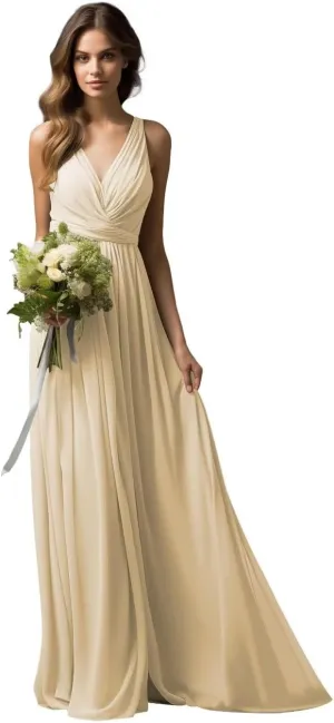 Womens A Line V Neck Pleated Bridesmaid Dress, Prom Gown Sleeveless Chiffon Long Formal Evening Party Gown