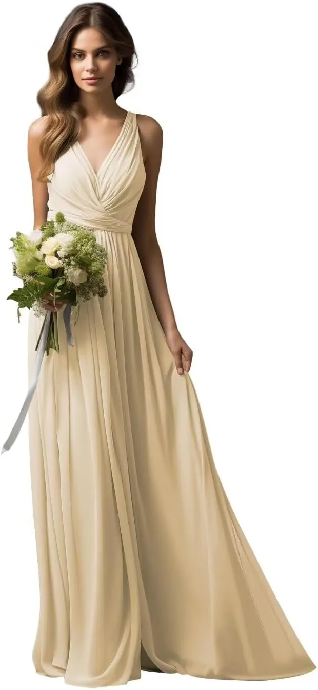 Womens A Line V Neck Pleated Bridesmaid Dress, Prom Gown Sleeveless Chiffon Long Formal Evening Party Gown