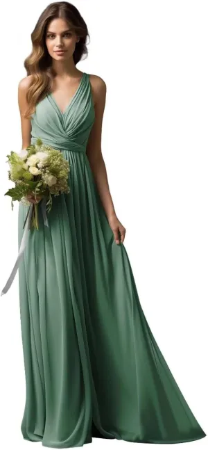 Womens A Line V Neck Pleated Bridesmaid Dress, Prom Gown Sleeveless Chiffon Long Formal Evening Party Gown