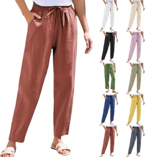 Womens Casual Cotton Linen Pants 2025 Summer High Waist Wide Leg Trousers Relax Fit Comfy Beach Pants with Pockets