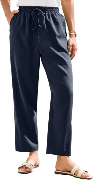Womens Casual Cotton Linen Pants 2025 Summer High Waist Wide Leg Trousers Relax Fit Comfy Beach Pants with Pockets