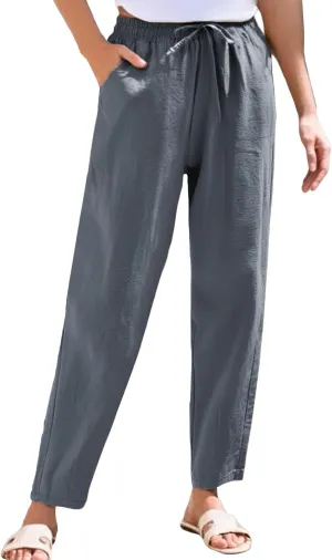 Womens Casual Cotton Linen Pants 2025 Summer High Waist Wide Leg Trousers Relax Fit Comfy Beach Pants with Pockets