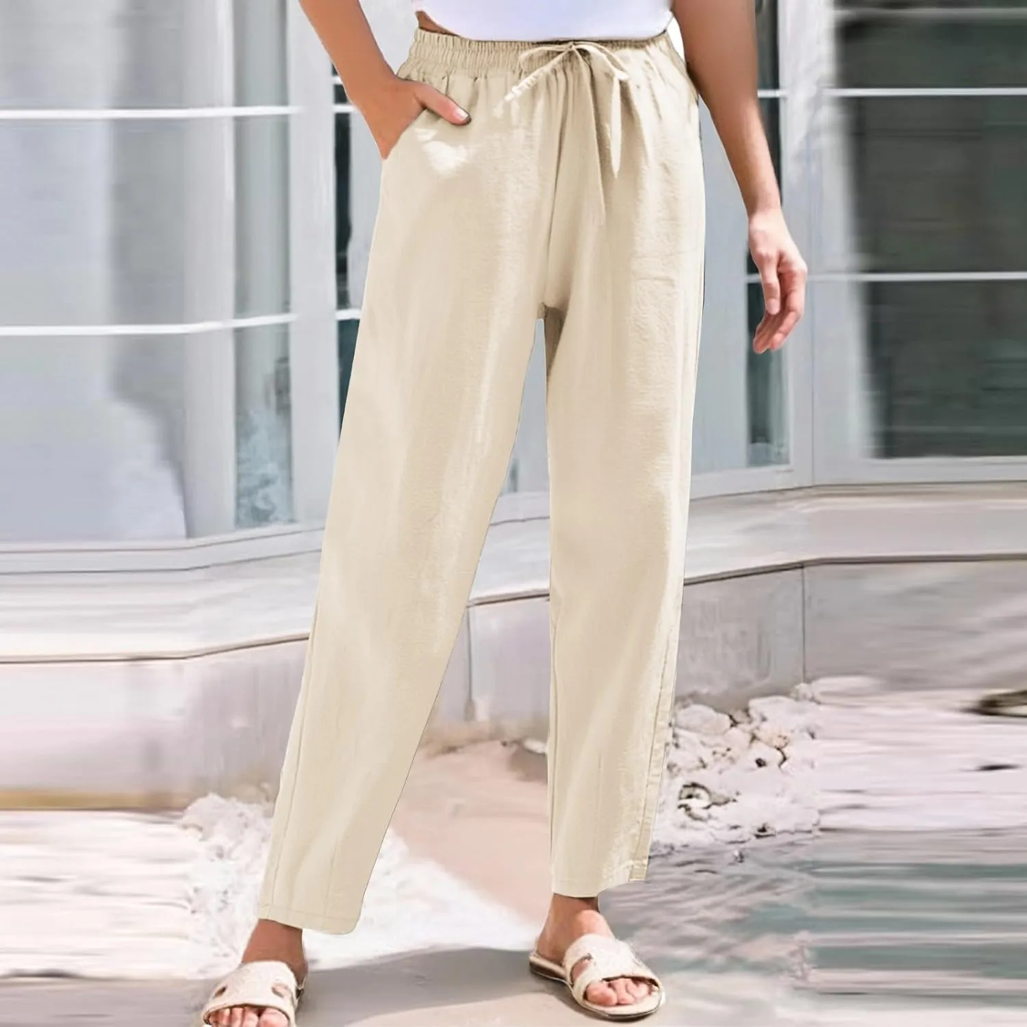 Womens Casual Cotton Linen Pants Wide Leg Elastic Drawstring Summer Trousers with Pockets