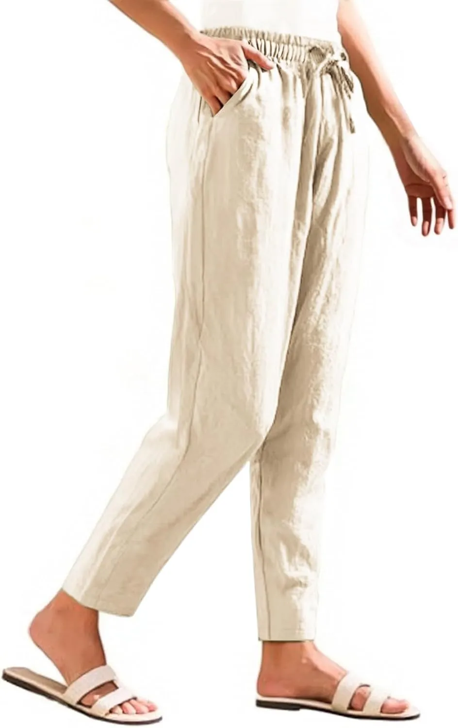 Womens Casual Cotton Linen Pants Wide Leg Elastic Drawstring Summer Trousers with Pockets