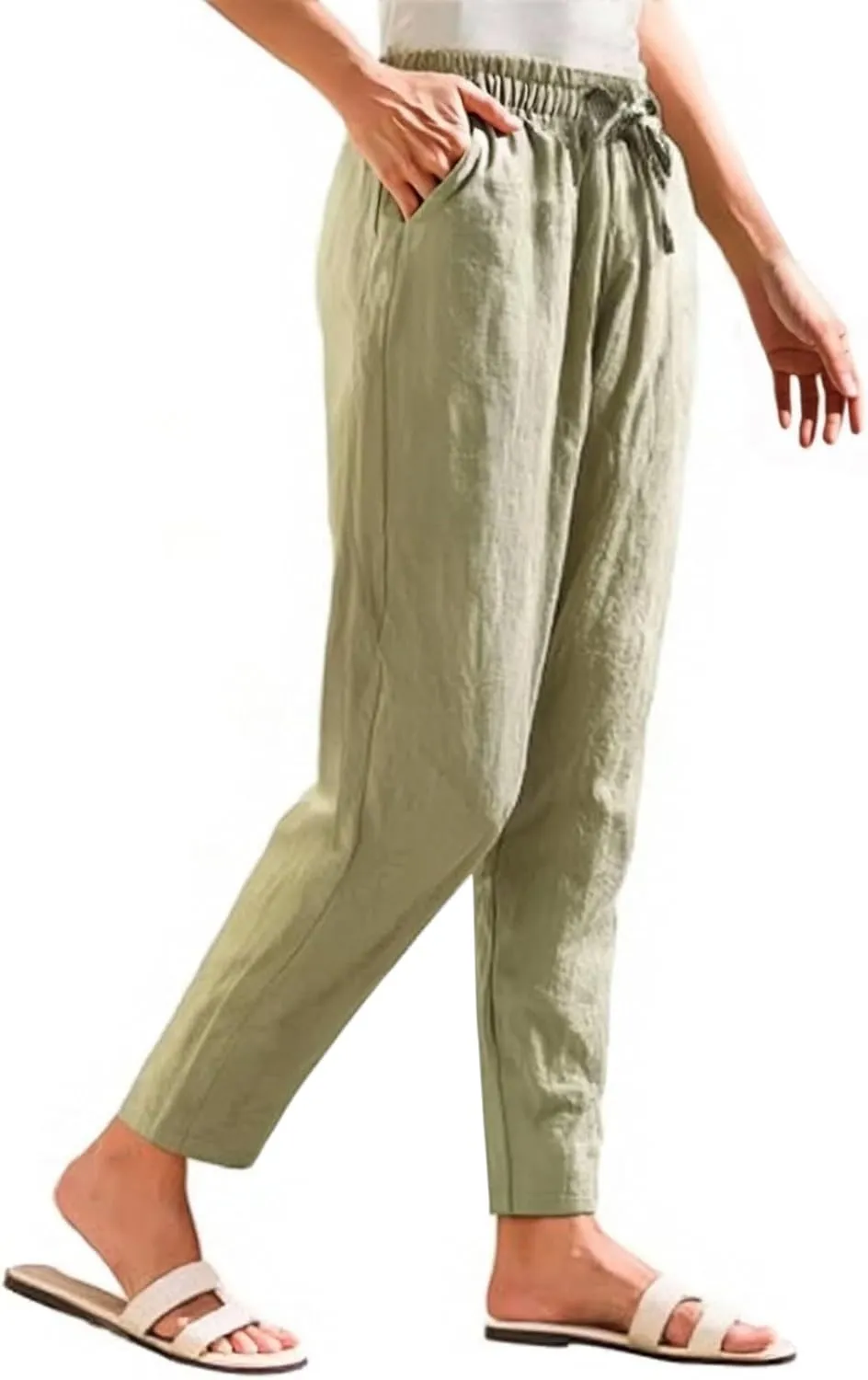 Womens Casual Cotton Linen Pants Wide Leg Elastic Drawstring Summer Trousers with Pockets