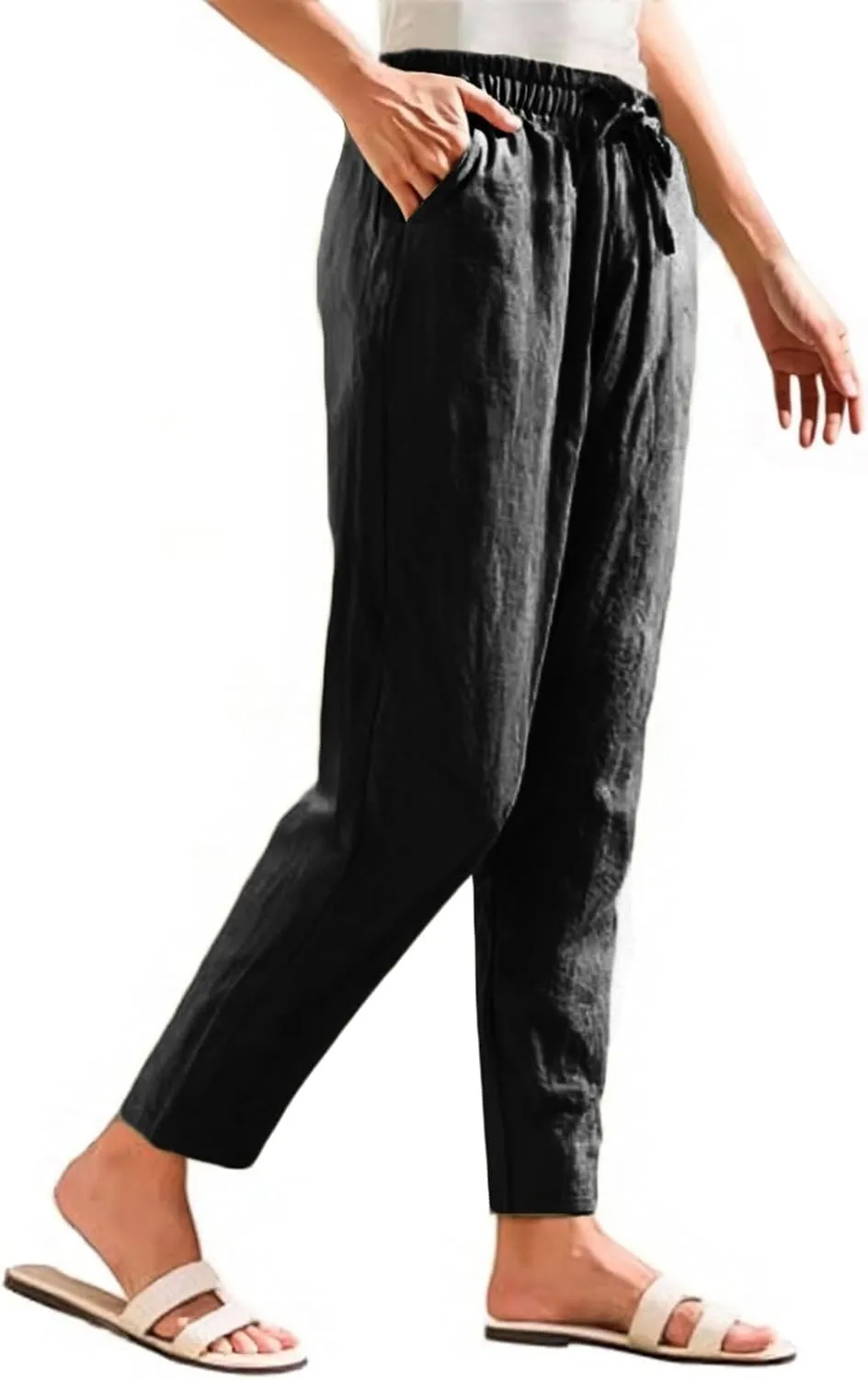 Womens Casual Cotton Linen Pants Wide Leg Elastic Drawstring Summer Trousers with Pockets