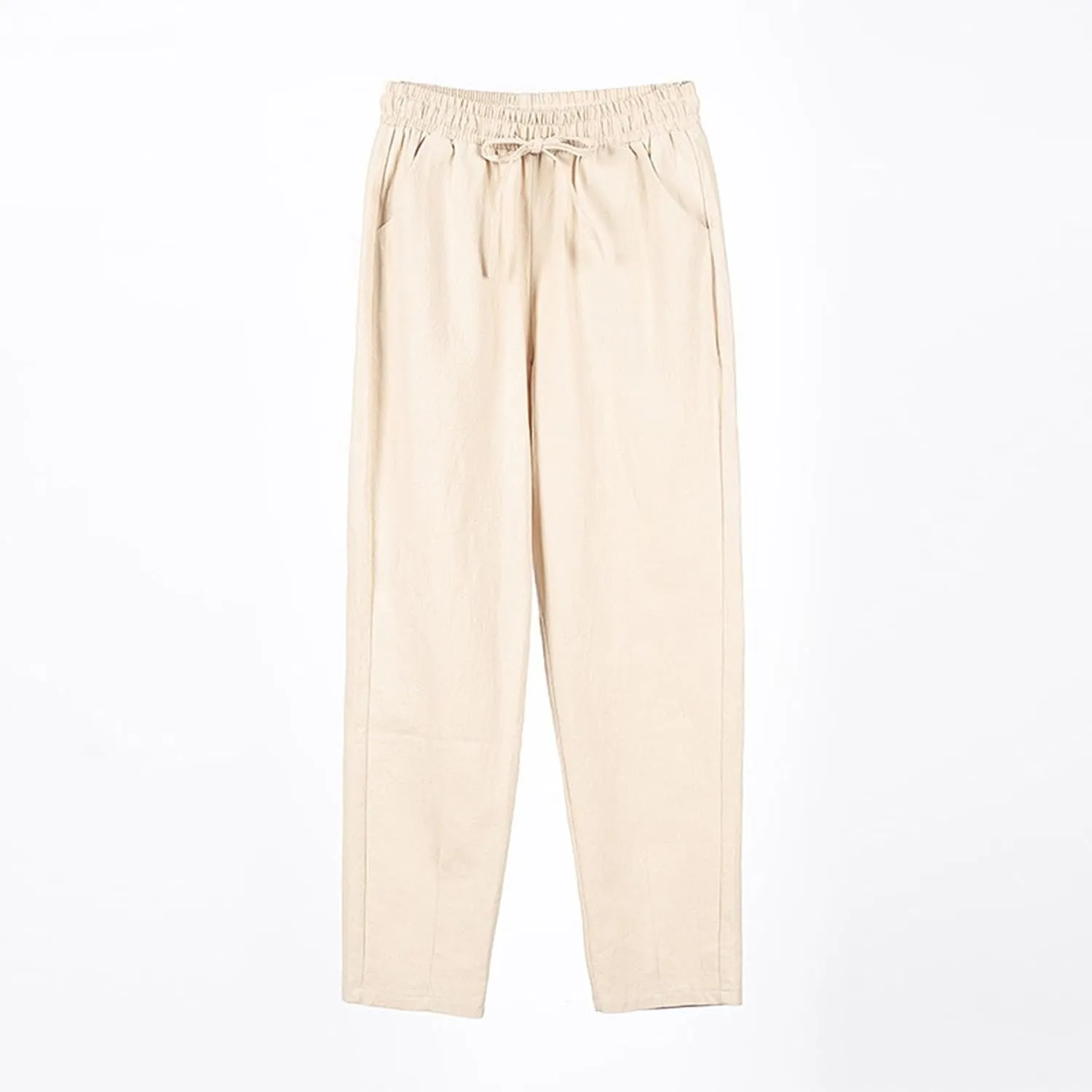 Womens Casual Cotton Linen Pants Wide Leg Elastic Drawstring Summer Trousers with Pockets