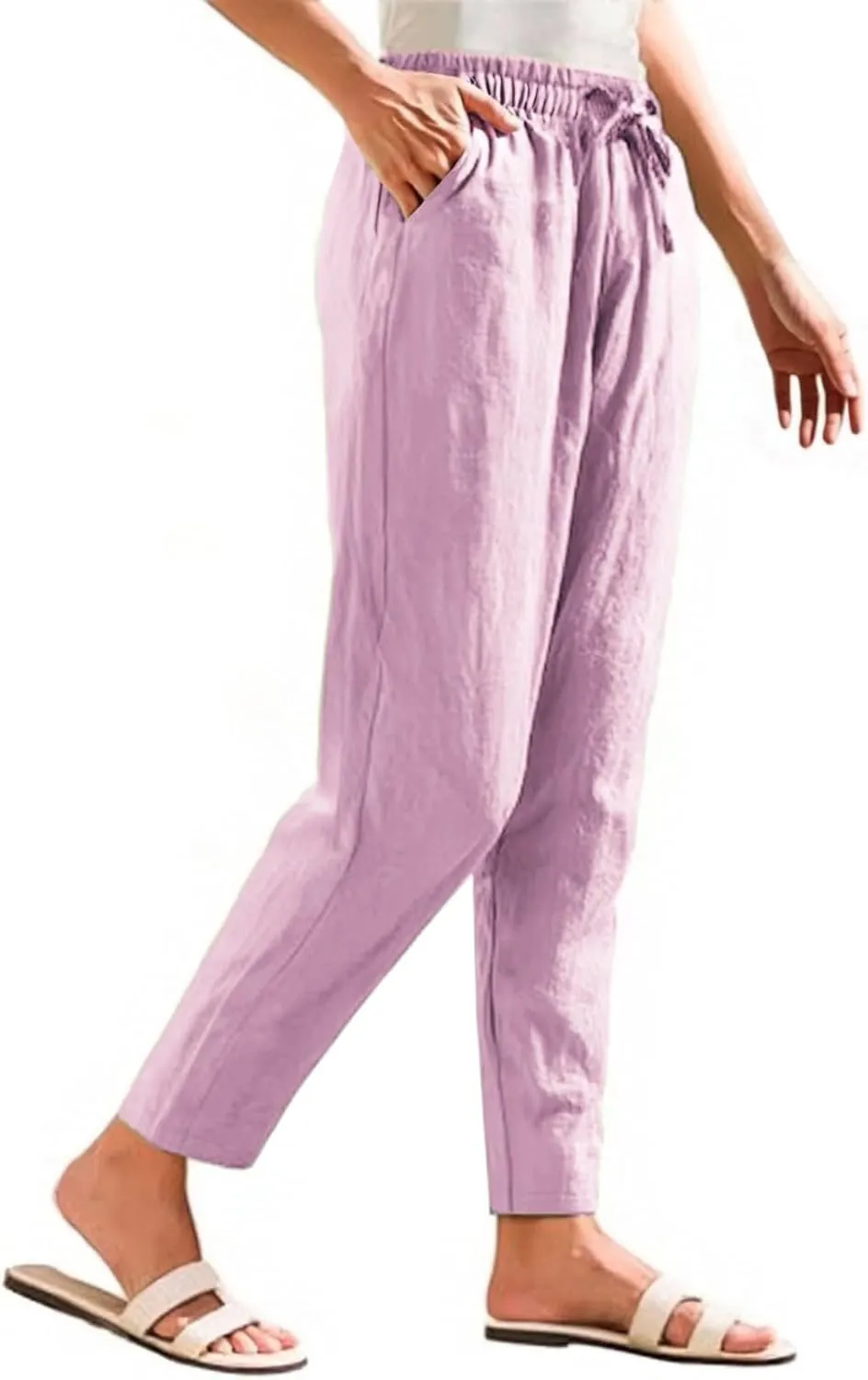 Womens Casual Cotton Linen Pants Wide Leg Elastic Drawstring Summer Trousers with Pockets
