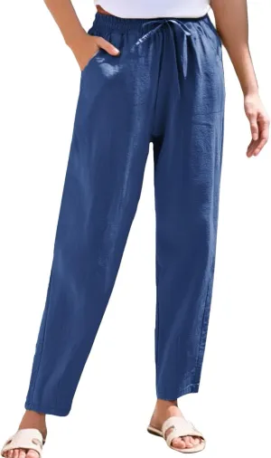 Womens Casual Cotton Linen Pants Wide Leg Elastic Drawstring Summer Trousers with Pockets