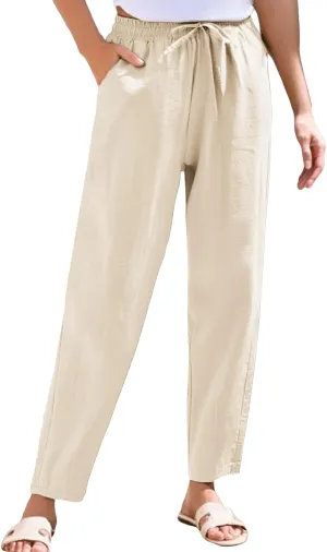 Womens Casual Cotton Linen Pants Wide Leg Elastic Drawstring Summer Trousers with Pockets