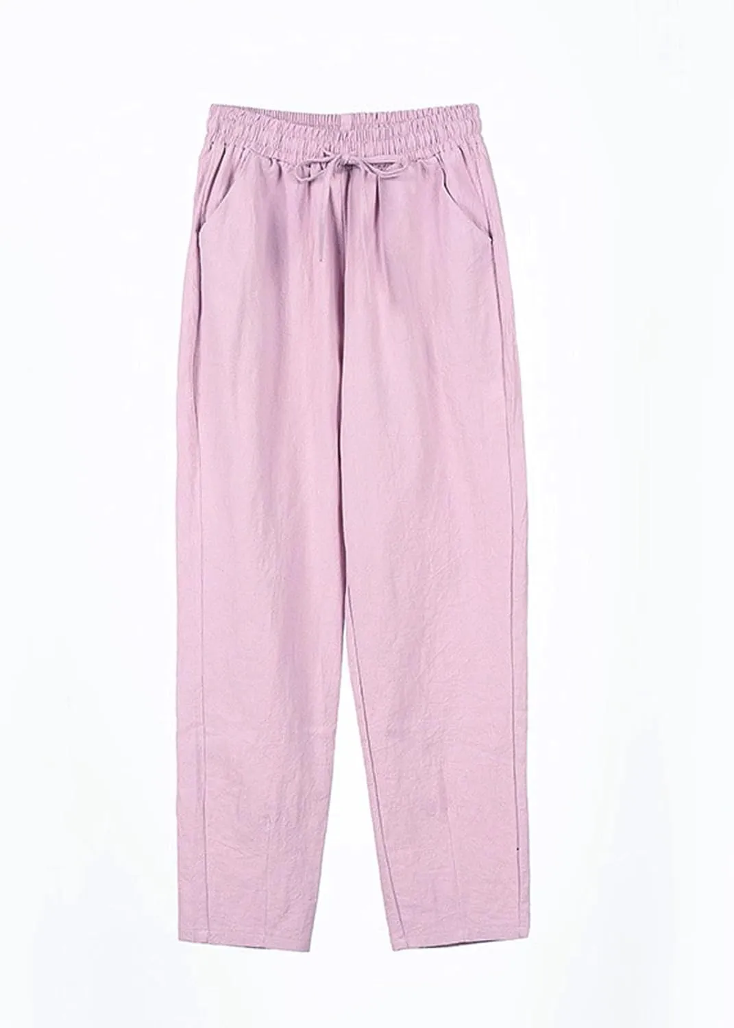 Womens Casual Cotton Linen Pants Wide Leg Elastic Drawstring Summer Trousers with Pockets