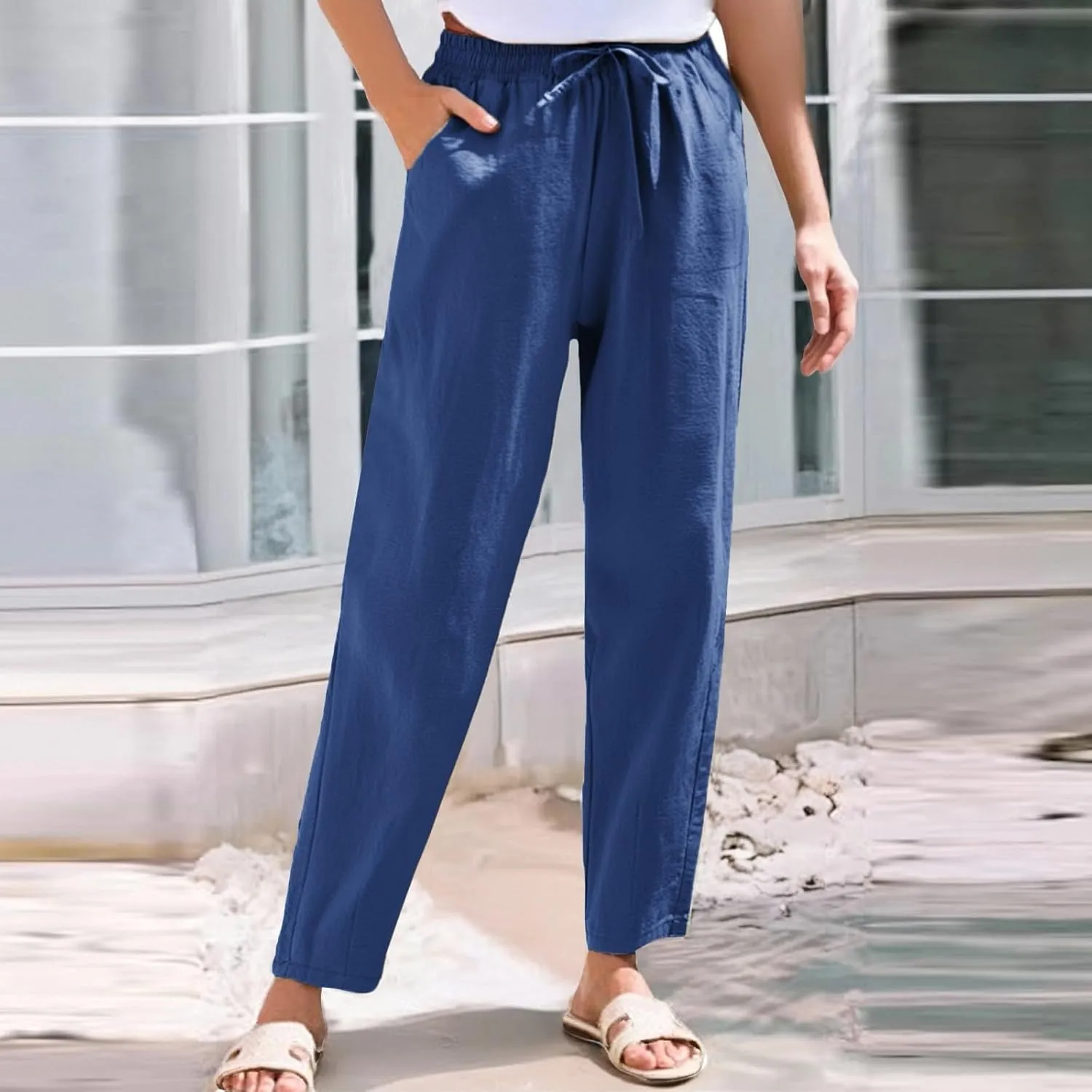Womens Casual Cotton Linen Pants Wide Leg Elastic Drawstring Summer Trousers with Pockets