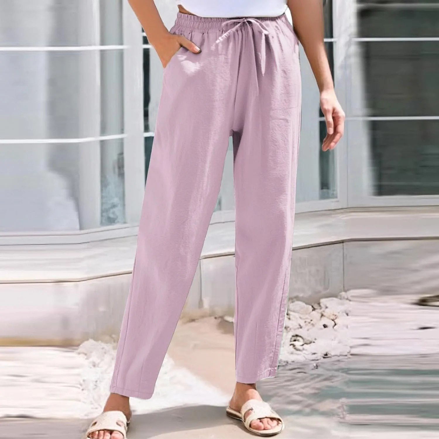 Womens Casual Cotton Linen Pants Wide Leg Elastic Drawstring Summer Trousers with Pockets