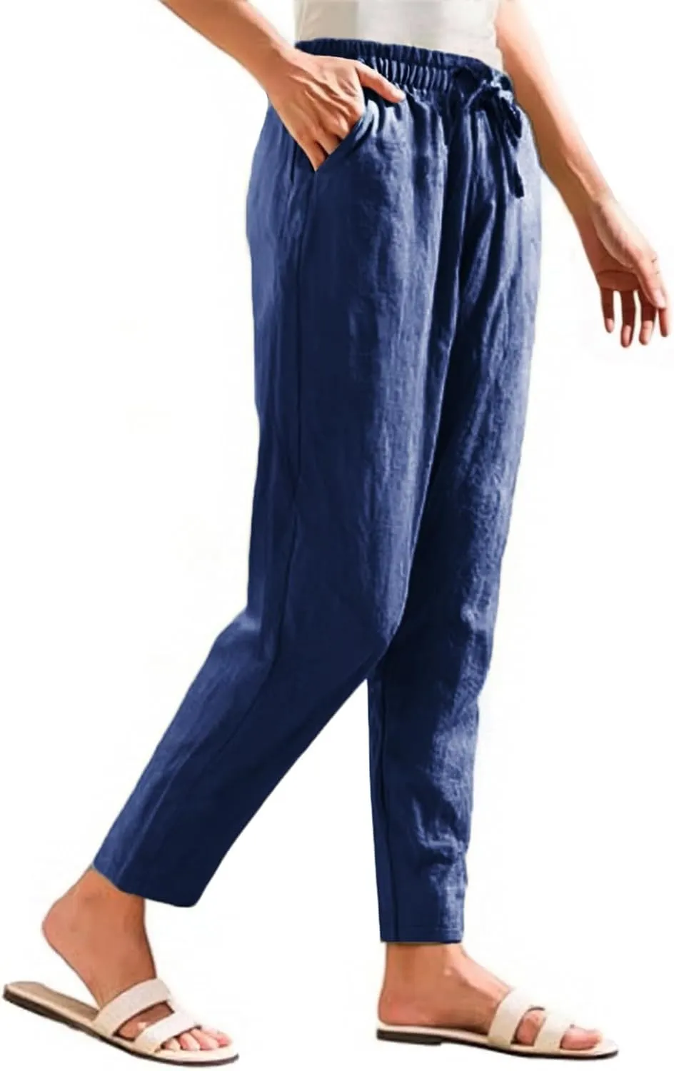 Womens Casual Cotton Linen Pants Wide Leg Elastic Drawstring Summer Trousers with Pockets