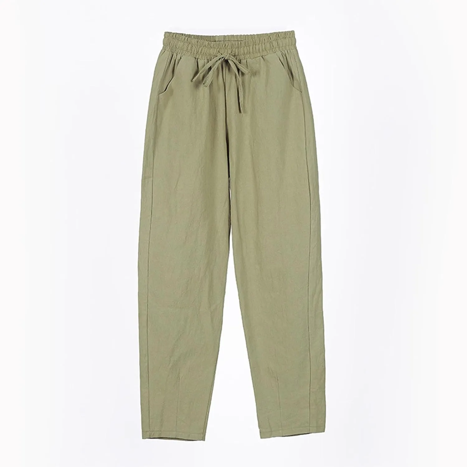 Womens Casual Cotton Linen Pants Wide Leg Elastic Drawstring Summer Trousers with Pockets