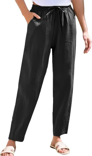 Womens Casual Cotton Linen Pants Wide Leg Elastic Drawstring Summer Trousers with Pockets