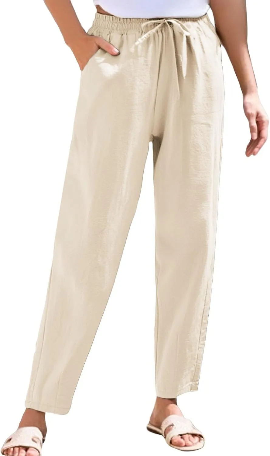 Womens Casual Cotton Linen Pants Wide Leg Elastic Drawstring Summer Trousers with Pockets