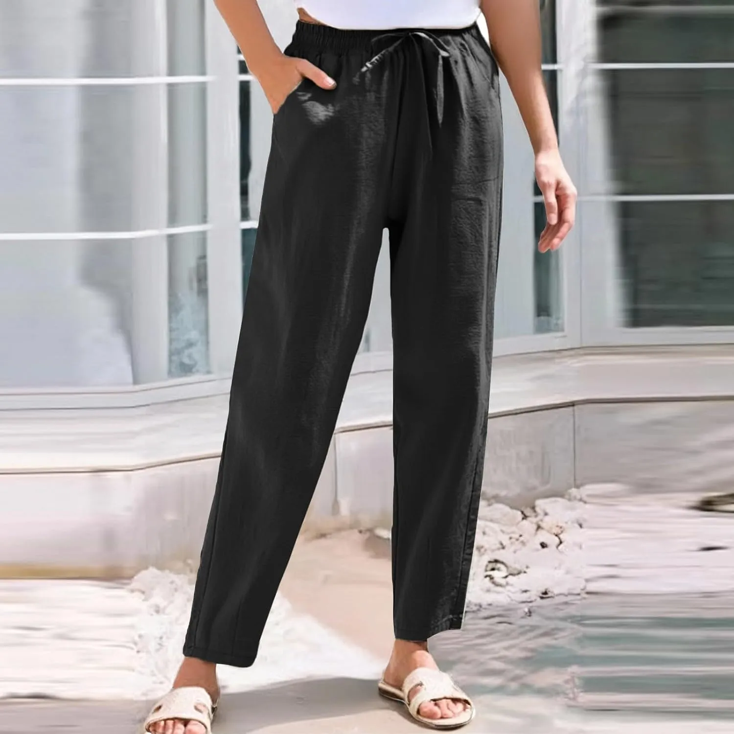 Womens Casual Cotton Linen Pants Wide Leg Elastic Drawstring Summer Trousers with Pockets