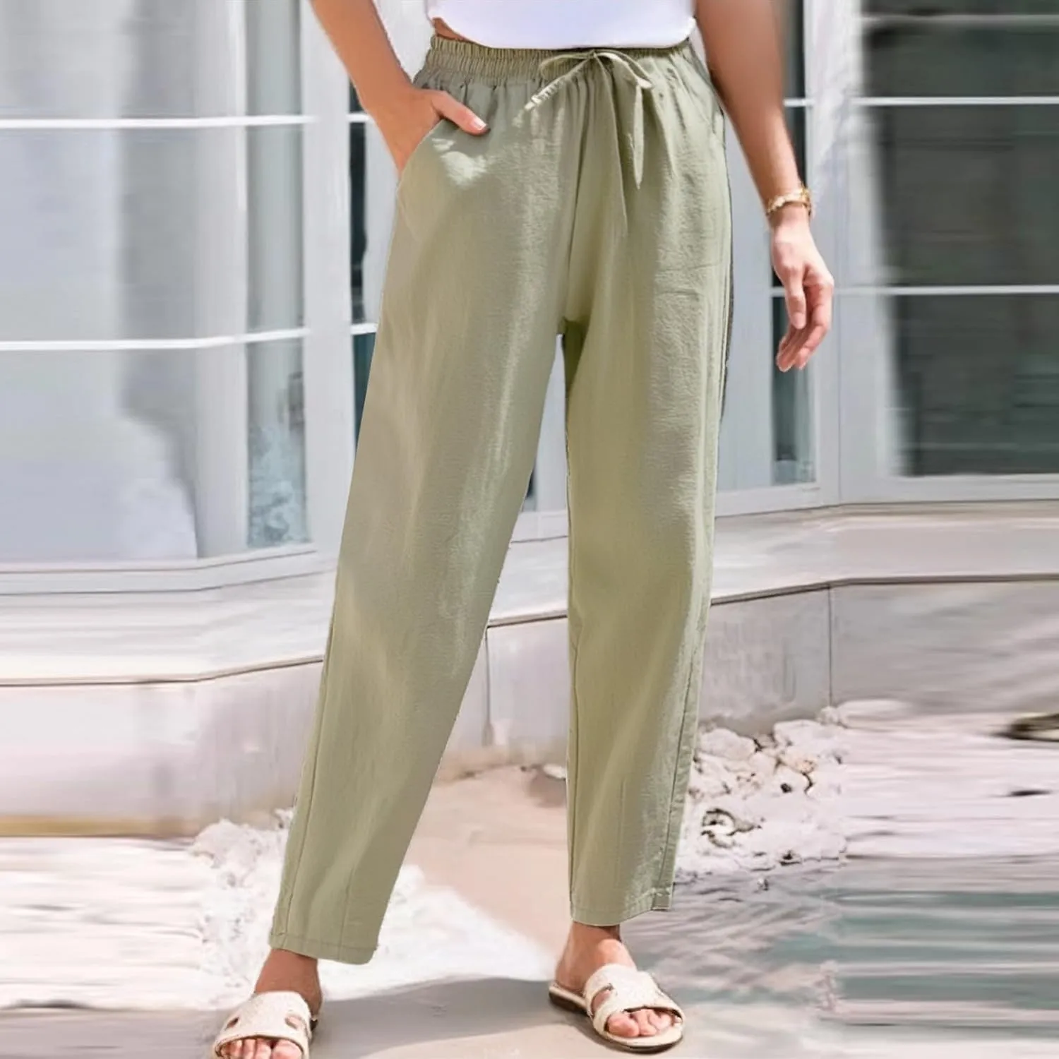 Womens Casual Cotton Linen Pants Wide Leg Elastic Drawstring Summer Trousers with Pockets