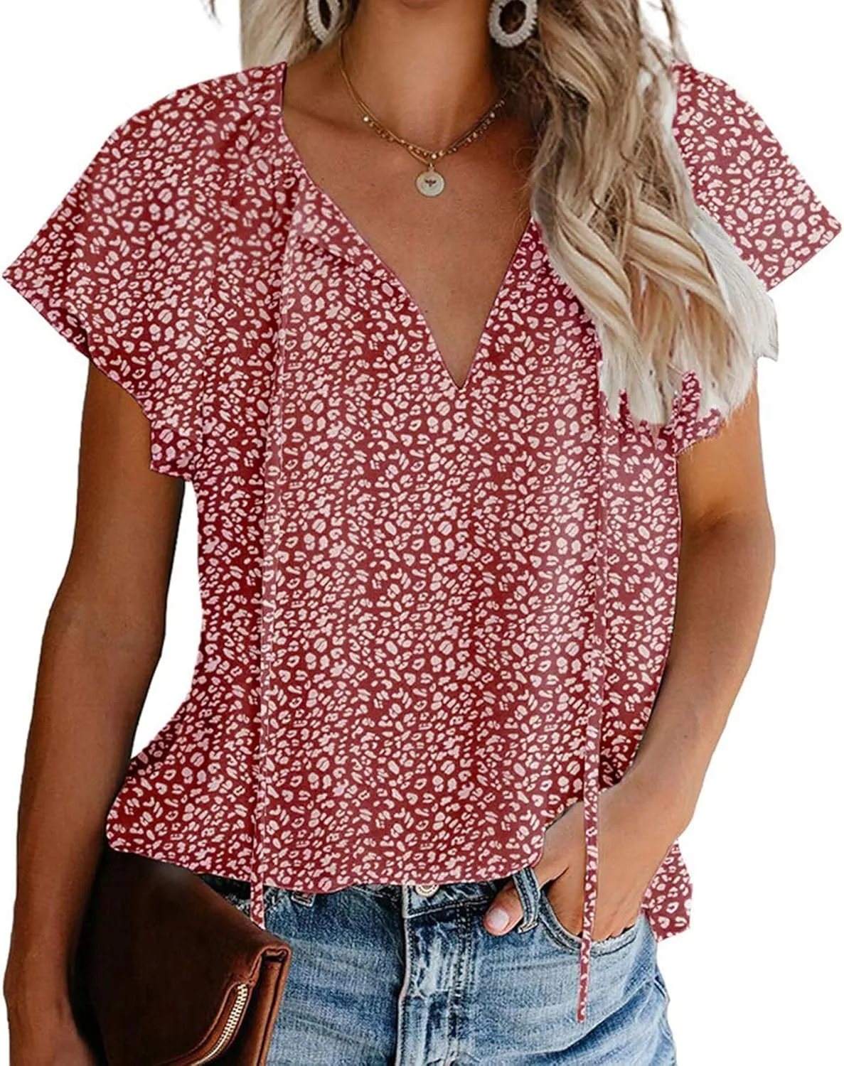 Women's Casual Floral Ruffle Short Sleeve Tops Cute Boho V Neck Loose Blouses Summer Fall Shirts