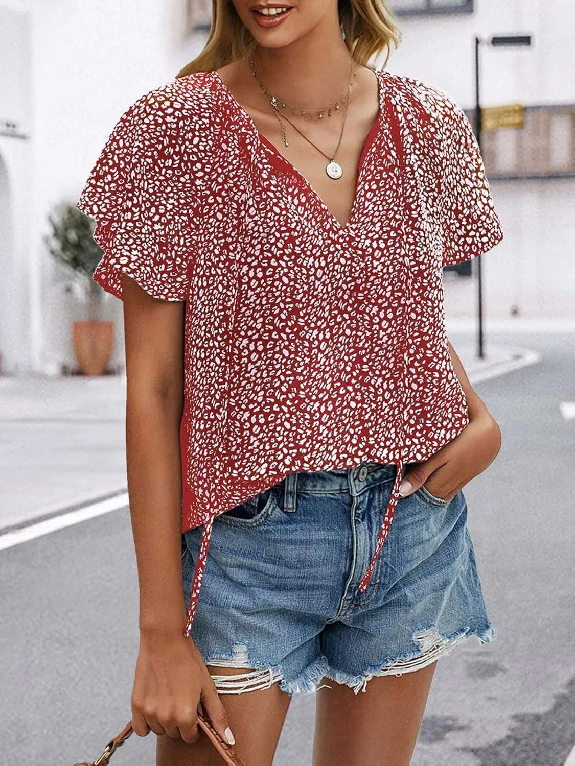 Women's Casual Floral Ruffle Short Sleeve Tops Cute Boho V Neck Loose Blouses Summer Fall Shirts