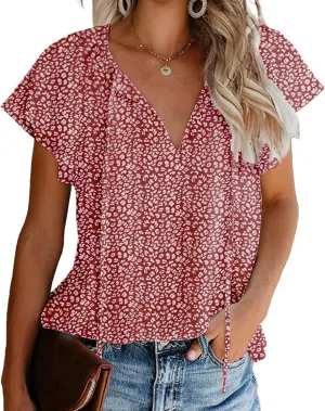Women's Casual Floral Ruffle Short Sleeve Tops Cute Boho V Neck Loose Blouses Summer Fall Shirts
