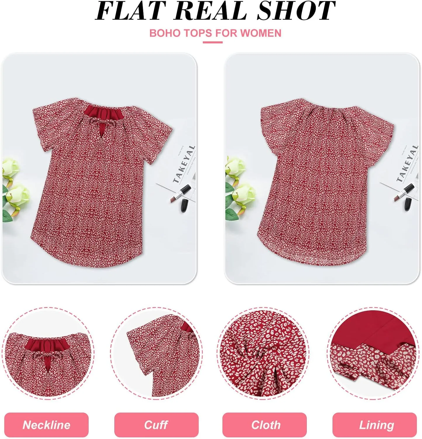 Women's Casual Floral Ruffle Short Sleeve Tops Cute Boho V Neck Loose Blouses Summer Fall Shirts